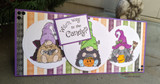 Slimline card with three Halloween gnomes on orange-and-purple stripes, 'Witch way to the candy?'