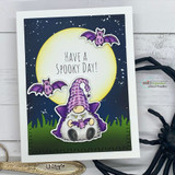 Card with a purple witch gnome and a bat against a full moon, 'Have a spooky day!'