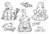 Black-and-white stamp set of Halloween gnomes – a witch, a Dracula, and a mummy – with a bat and candy, 'Witch way to the candy?' and 'Have a spooky day!'
