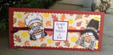 Slimline card with two colored pilgrim gnomes, 'ready for turkey & pie.'