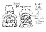 Red rubber stamp sheet with two pilgrim gnomes, one in a buckled hat and one in a bonnet holding a pie, beside sentiments reading 'Thankful for my gnomies', 'Ready for turkey & pie' and 'Give thanks for the little things'.