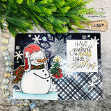 Card of the snowman over navy plaid and snowflakes with "Have yourself a merry little Christmas."