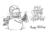 Red rubber stamp sheet with a cheerful snowman in an earflap hat and fringed scarf holding a tiny lit tree, beside brush script sentiments reading 'Have yourself a merry little Christmas' and 'Happy Holidays'.