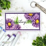 Purple asters in the corners of a slimline purple framed card with 'sending love' in script, styled with markers and pearls.