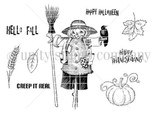 Line-art stamp sheet of a pumpkin-headed scarecrow holding a broom with a crow, a pumpkin and wheat, and the sentiments 'Happy Halloween', 'Hello fall', 'Happy Thanksgiving' and 'Creep it real.'