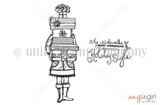 Hollie Girl stamp sheet: a girl in a coat, skirt and tall boots carrying a tall stack of patterned gift boxes topped with a bow, with 'city sidewalks BUSY SIDEWALKS dressed in Holiday style'