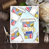 Card with the leafy coffee cup and scattered fall leaves and a 'happy birthday' die-cut.