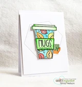 Clean card with the fall-leaf coffee cup and a green 'HUGS' sentiment.