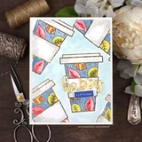 Card with the leafy travel mug over a blue leaf-print panel with a gold 'happy birthday.'