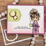 Card with a sleepy robe-clad girl, a mug and a coffee ring over 'Coffee is not enough. I need to be struck by lightning.'