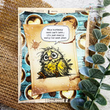 Vintage card with a fluffy owl among coffee rings and a belated-birthday sentiment.