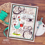 Card with a coffee-word background, a chicken with a mug and 'Go out there & be mildly fabulous.'