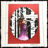 Card with the colored witch in a birch-tree circle on red, 'Thoughts are brewin'.'