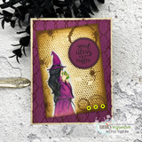 Moody card with the witch on a honeycomb background sipping coffee, 'good ideas & coffee.'