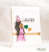Clean white card with the pink-hatted witch and small heart accents, 'Happy Halloween brew-tiful.'