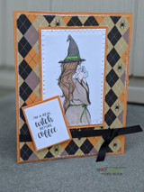 Card with the witch on a black-and-tan argyle background, 'I'm a real witch before coffee.'