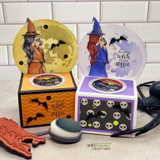 Two decorated gift-box projects with the witch under a full moon and bats, 'I'm a real witch before coffee.'