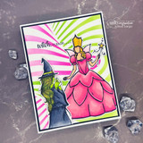 Card pairing the Unity witch with a pink-gowned princess witch on a green sunburst, 'witch, please.'