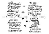 Stamp sheet of layered Christmas sentiments, hearts, snowflakes and a star – 'Season's Greetings,' 'We wish you a Merry Christmas,' 'Faith Hope Love' – by Lisa Arana.