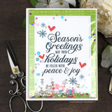 Card with a delicate spring-green floral border framing 'Season's Greetings, may your holidays be filled with peace & joy.'