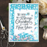 Blue snowflake-bordered card with 'We wish you a Merry Christmas & a happy New Year' in the center.