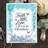 Soft blue card featuring the 'Faith, Hope, Love & joy to you this Christmas' sentiment in flowing script.