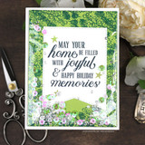Green botanical-framed card with 'May your home be filled with joyful & happy holiday memories.'