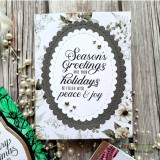 Elegant card with a scalloped oval frame around 'Season's Greetings, may your holidays be filled with peace & joy.'