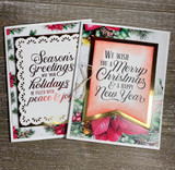 Two cards side by side with ornate frames and red poinsettias around Merry Christmas sentiments.