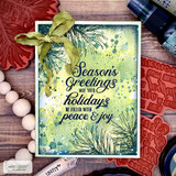 Green watercolor pine card with 'Season's Greetings, may your holidays be filled with peace & joy.'