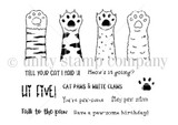 Line-art stamp sheet: a lineup of cat paws with 'Talk to the paw,' 'Stay paw-sitive' and 'Have a paw-some birthday' red rubber stamps, Unity Stamp Co.
