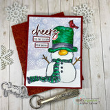 Red-and-green card with a top-hat snowman and 'cheers to the season' over snowflakes.