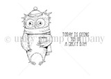 Great Day Owl itty bitty red rubber stamp set in line art: a fluffy owl in a knit beanie and scarf holding a steaming mug, beside the sentiment “TODAY IS GOING TO BE A GREAT DAY!”