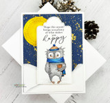 Navy starry-night card with a gold moon: the owl in an orange hat over a sentiment about the season bringing what makes you happy.