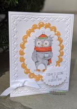 White embossed card with an orange scalloped frame: the owl in a red and orange hat over “TODAY IS GOING TO BE A GREAT DAY!”