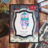 Dark floral card with a layered label frame: the owl in a red hat holding a mug above the great-day sentiment.