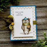 Blue polka-dot card with a green ribbon flower: the owl in a green scarf and hat beside “TODAY IS GOING TO BE A GREAT DAY!”