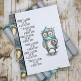 White card printed with the great-day sentiment repeated in a column, the owl in a blue hat stamped at the right, markers alongside.