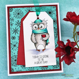 Teal snowflake tag card with red flowers: the owl in a blue hat and red mug above “TODAY IS GOING TO BE A GREAT DAY!”