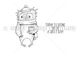 Great Day Owl itty bitty red rubber stamp set in line art: a fluffy owl in a knit beanie and scarf holding a steaming mug, beside the sentiment “TODAY IS GOING TO BE A GREAT DAY!”