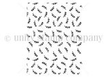 Sprig Background stamp: an A2 size panel of small leafy sprigs with dotted ends scattered at every angle across the whole surface