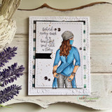 Sample card with the girl in a blue tunic and grey beanie beside 'Behind every mask is a beautiful soul with a story'.