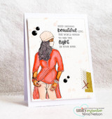 Sample card with the girl in a coral tunic and 'Keep shining beautiful girl, the world needs to see the light in your eyes'.
