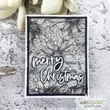 Card made with the Heart of Christmas dies. White die-cut 'merry Christmas' on a black-and-white poinsettia panel.