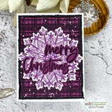Card made with the Heart of Christmas dies, 'merry Christmas' over a purple plaid snowflake.