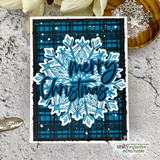 Card using the Heart of Christmas dies — 'merry Christmas' over a teal plaid snowflake.