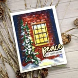 Card using the Heart of Christmas dies, 'peace, good tidings and joy' on a snowy cabin-window scene.