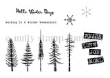 The Winter Wonderland Walk red rubber stamp set shown as line art: pine trees and snowflakes with 'Walking In A Winter Wonderland' and 'Peace Love Joy Noel'.