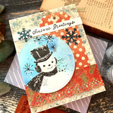 Card with the snowman in a snow globe on orange and blue, 'Seasons Greetings.'