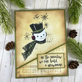 Card with the snowman on aged script paper, 'in the meadow we can build a snowman.'